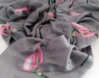 100% Silk Scarf Grey with Pink Calla Lily Floral Shoulder Wrap
