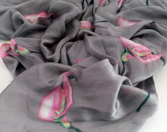 100% Silk Scarf Grey with Pink Calla Lily Floral Shoulder Wrap