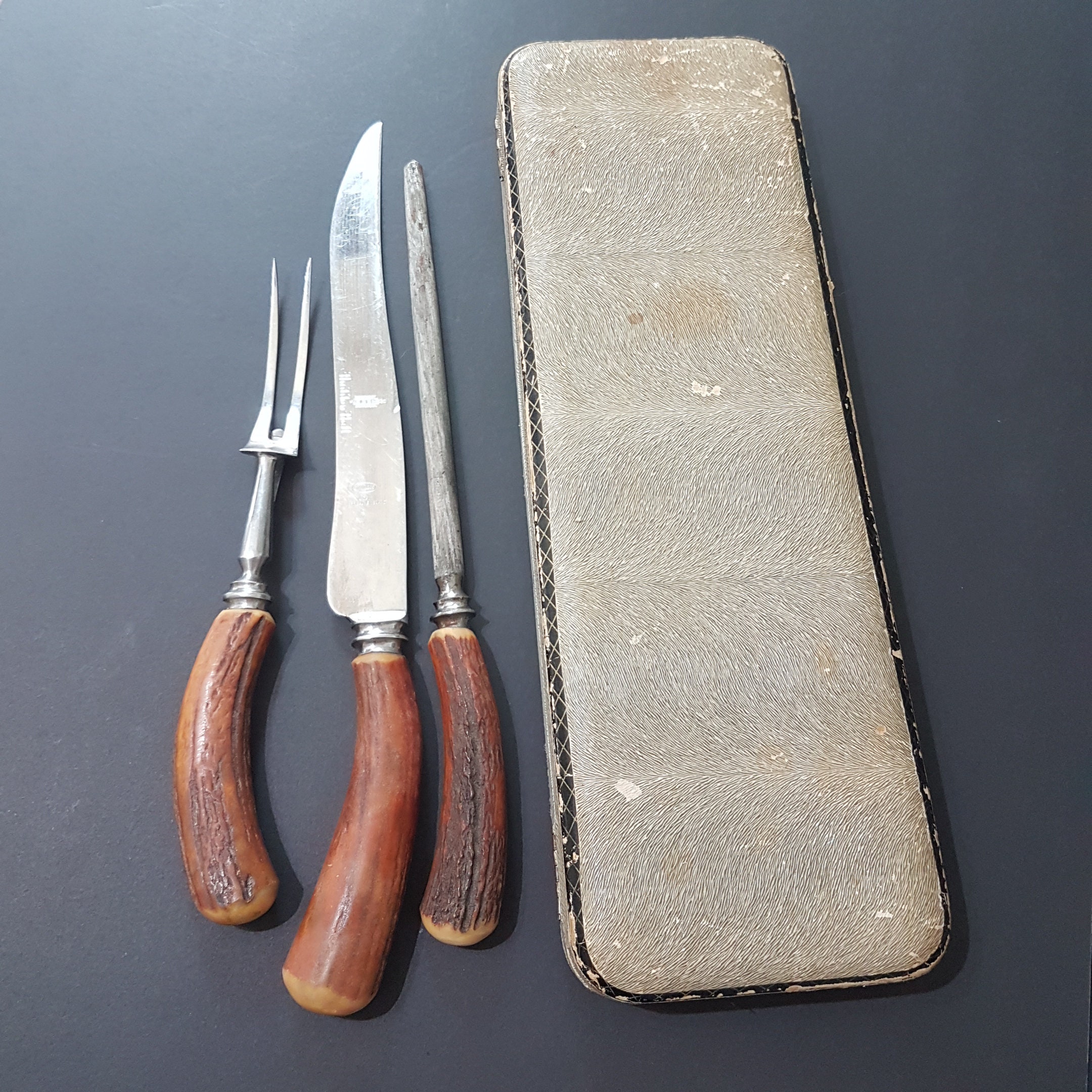 Vintage Genuine Staghorn/Deer Antler Meat Carving Set, Haddon Hall