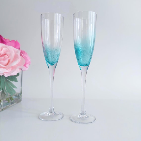 Wedding Champagne Flutes Set of 2 Blue Blown Glass Toasting Glasses for Couples