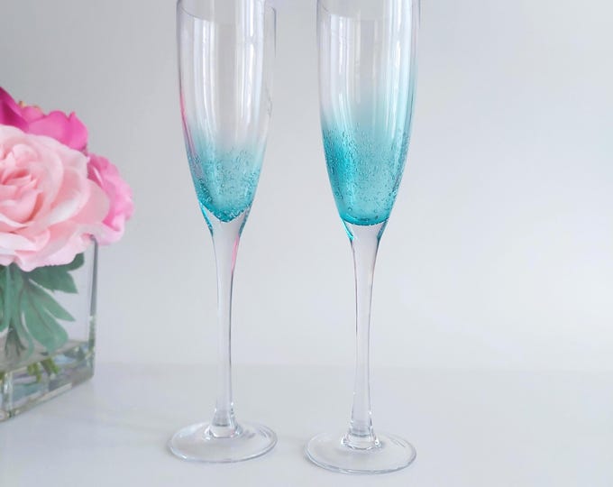 Wedding Champagne Flutes Set of 2 Blue Blown Glass Toasting Glasses for Couples