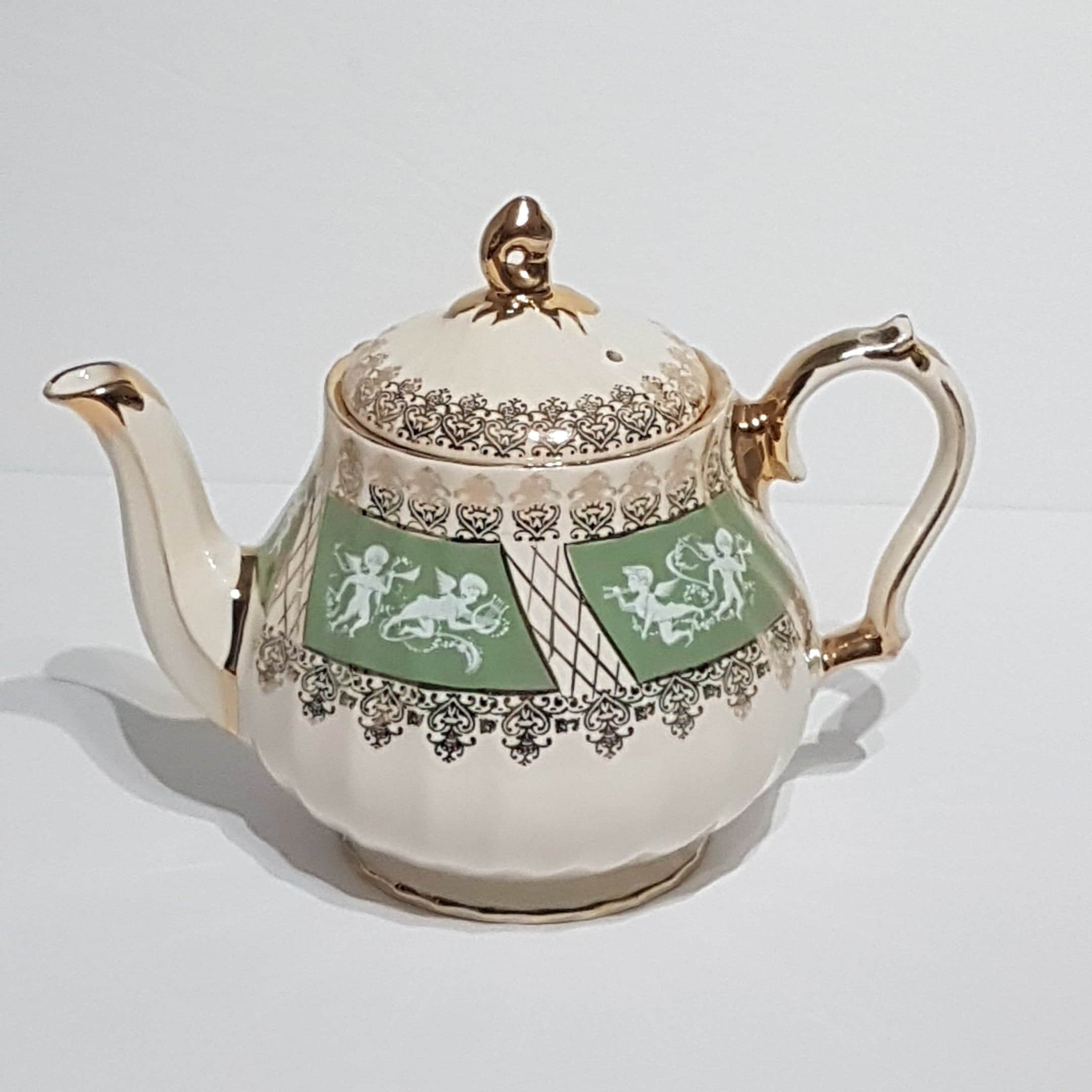Vintage Sadler Teapot with Cherubs, Green Panels, Angel Teapot, Cupid