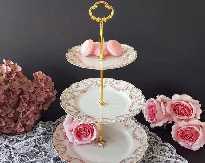 3 Tier Cake Stand, BRIDAL ROSE , Antique MZ Czechoslovakia Porcelain, Afternoon Tea Party, Dessert Cupcake Stand