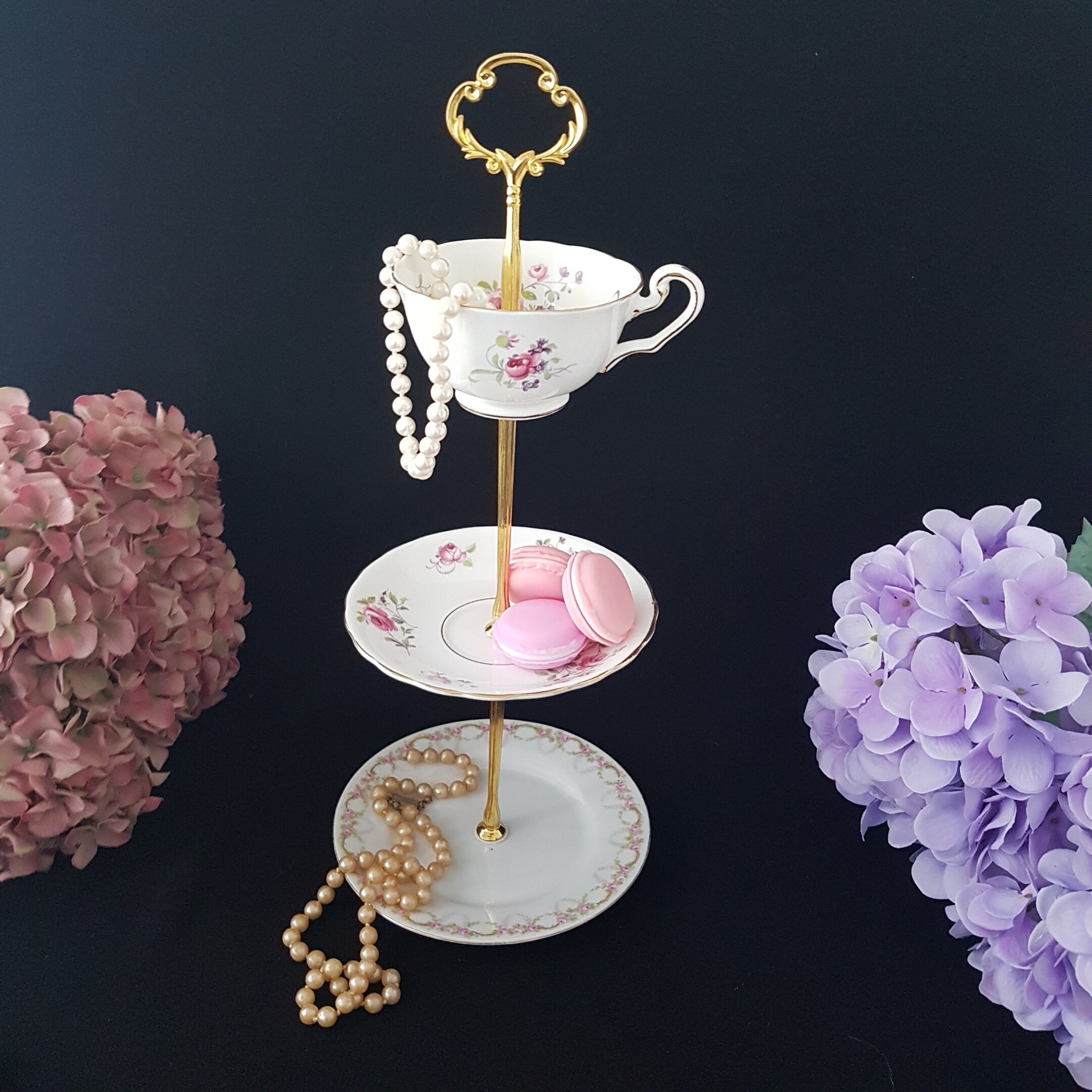 Upcycled Porcelain Tea Cup and Saucer Cake Stand, Small Shabby Chic Tiered Tray, Jewelry Trinket