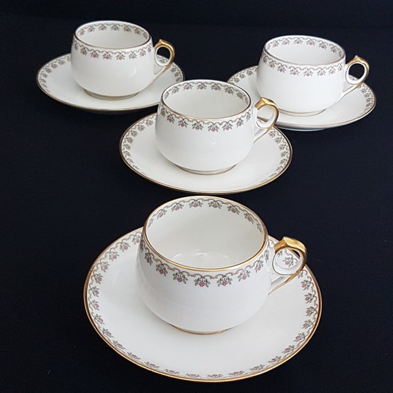 Vintage Haviland Limoges Tea Cup Set Pink Floral Garland Gold Trim Schleiger Cottagecore China