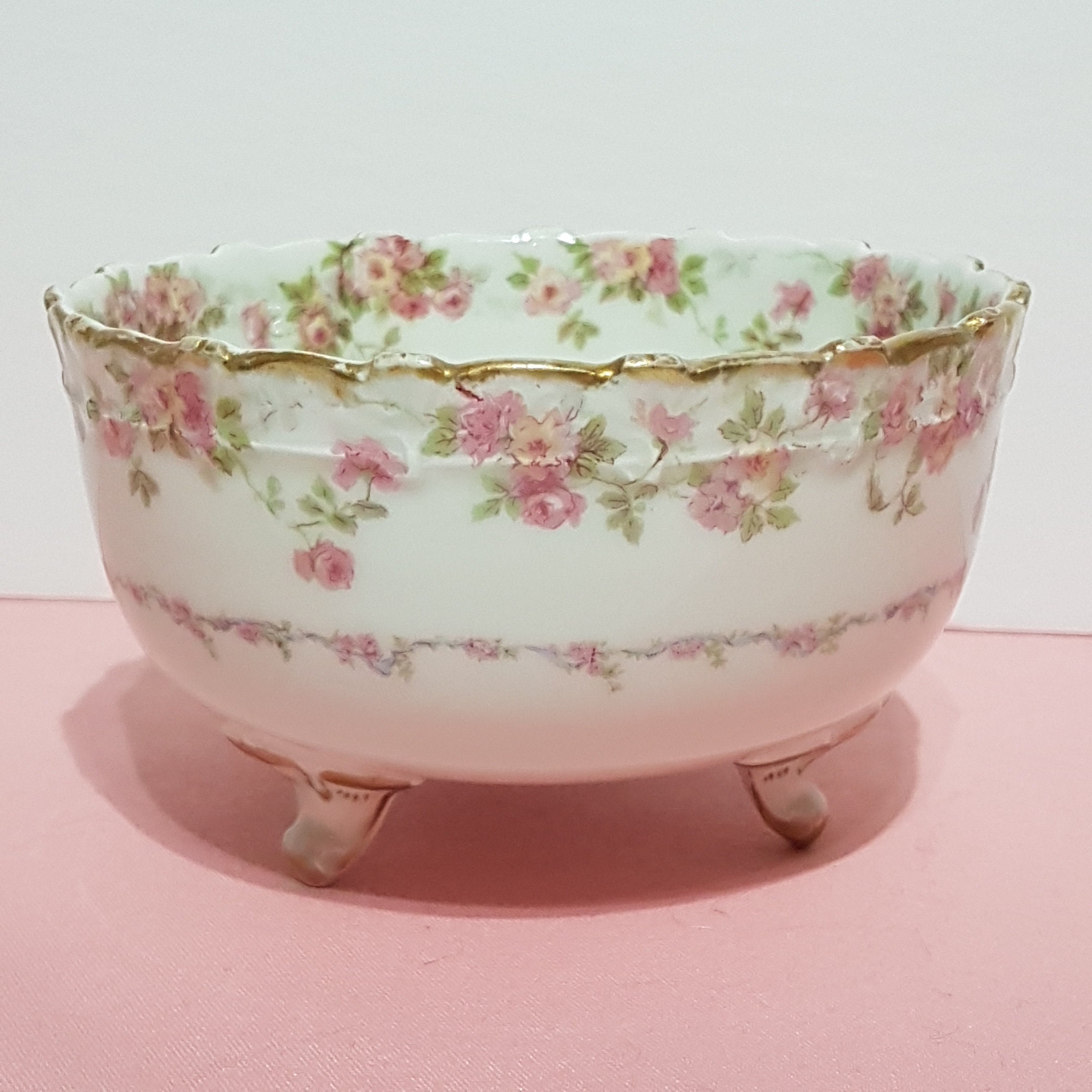 ANTIQUE CH Field Haviland Limoges Footed Bowl, Charles H. Field Limoges, Pink Rose Limoges, GDA