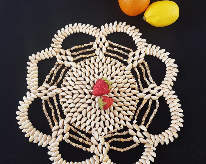 14 Inch Vintage Cowrie Seashell Trivet for Coastal Beach House or Boho Decor