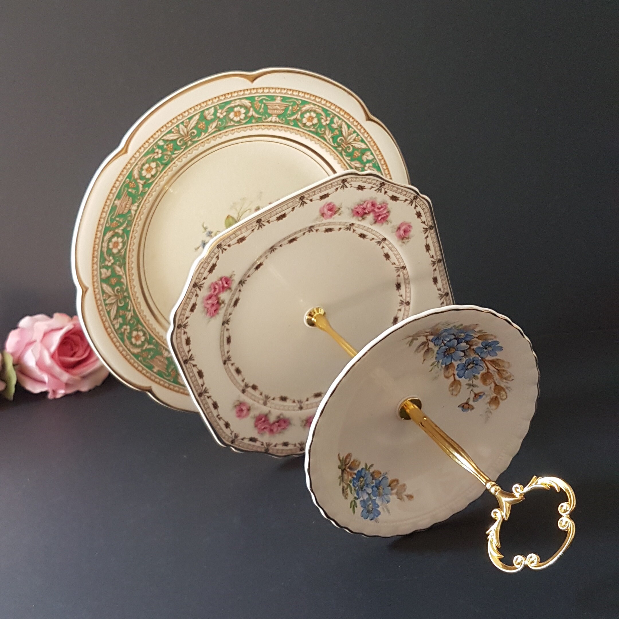 3 Tier Cake Stand, Mismatch China, Ivory Vintage Plates, Afternoon Tea