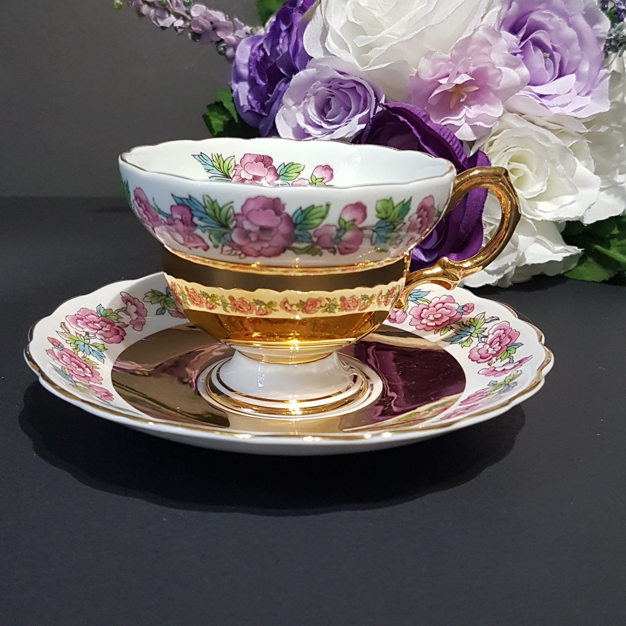 Rosina Tea Cup & Saucer Set, Thick Gold Gild Band, Pink Peony Flowers