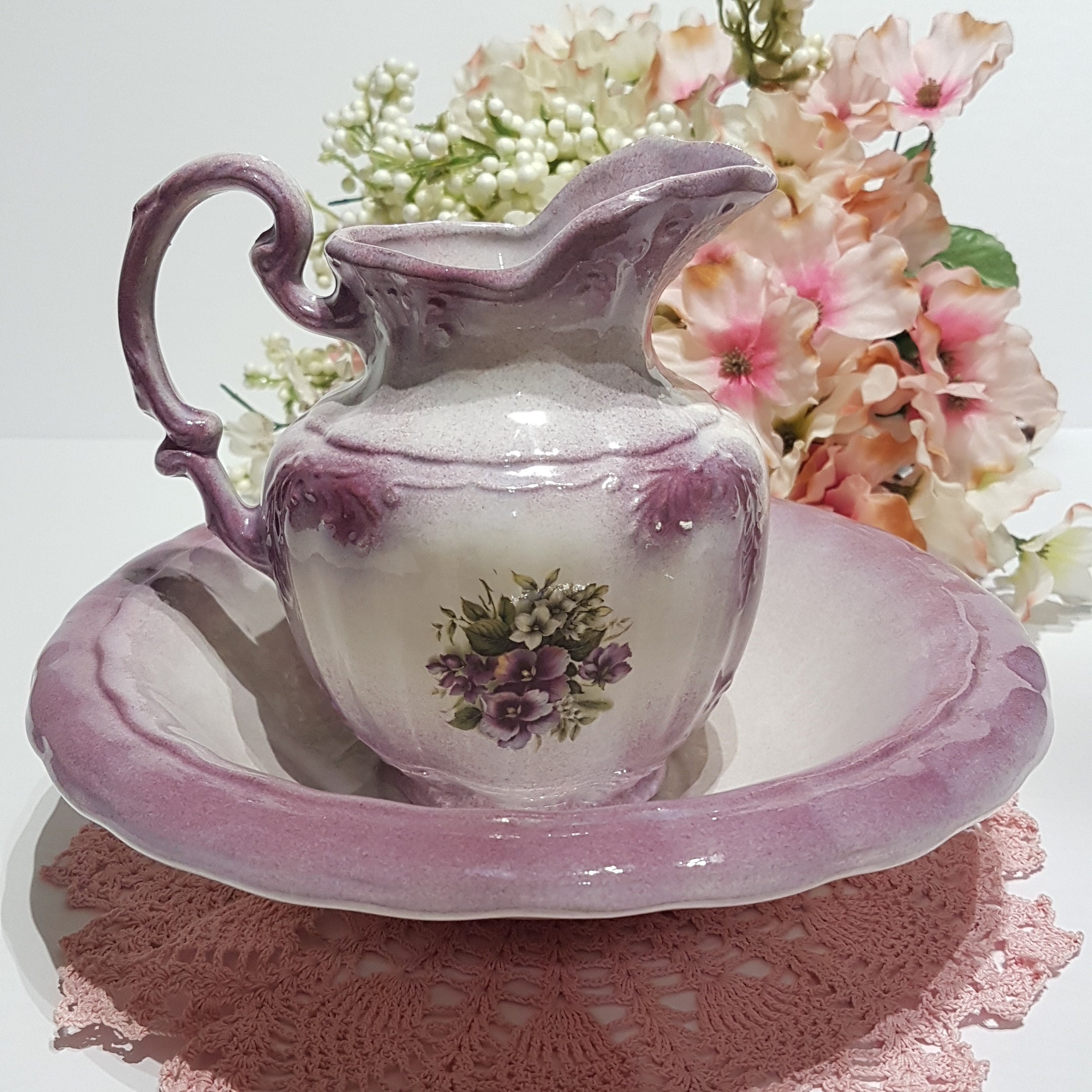 Vintage Arner's Ceramic Purple Violets Floral Pitcher & Basin Set