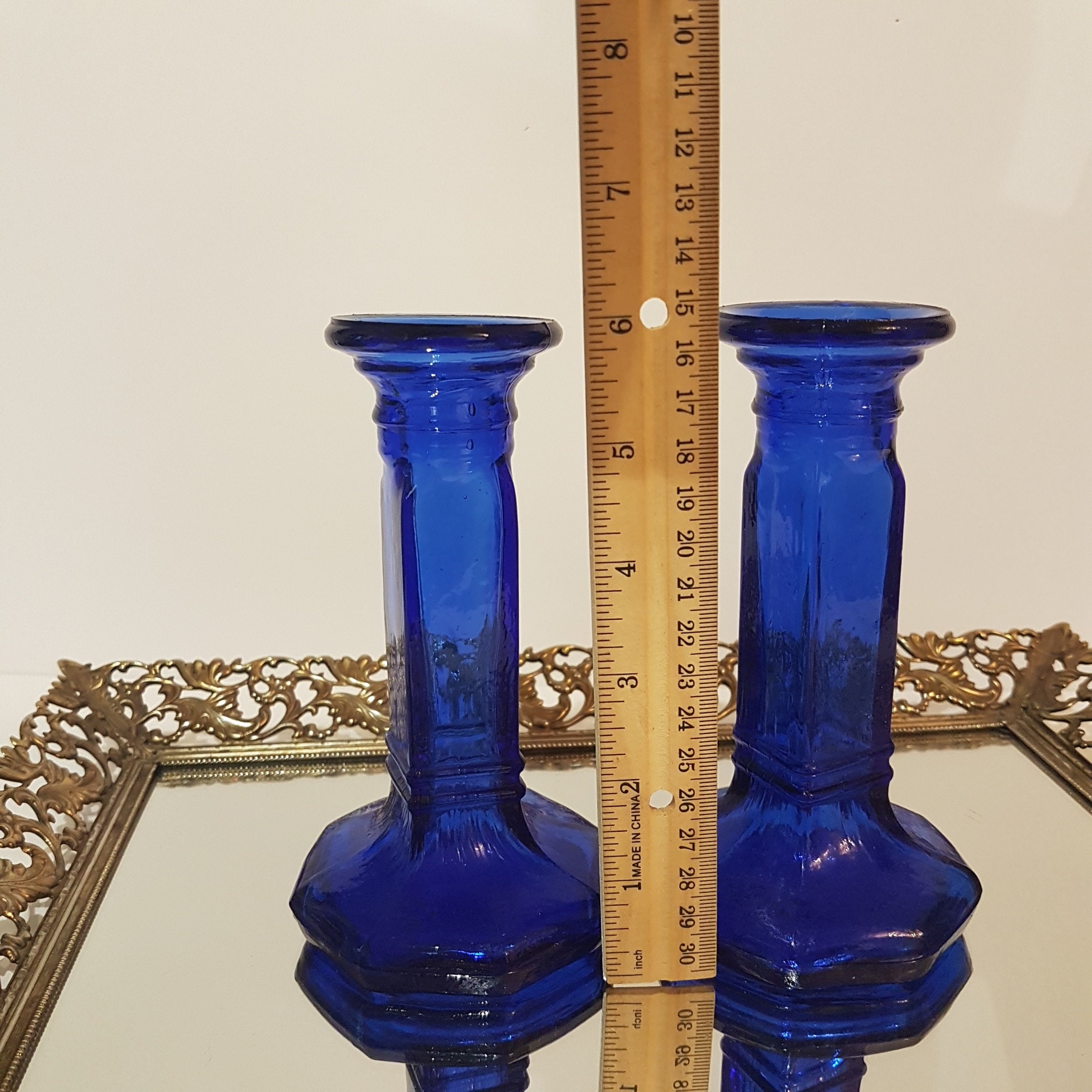 Cobalt Blue Glass Candle Holders Blue Decor Glass Taper Candlesticks Housewarming T Idea