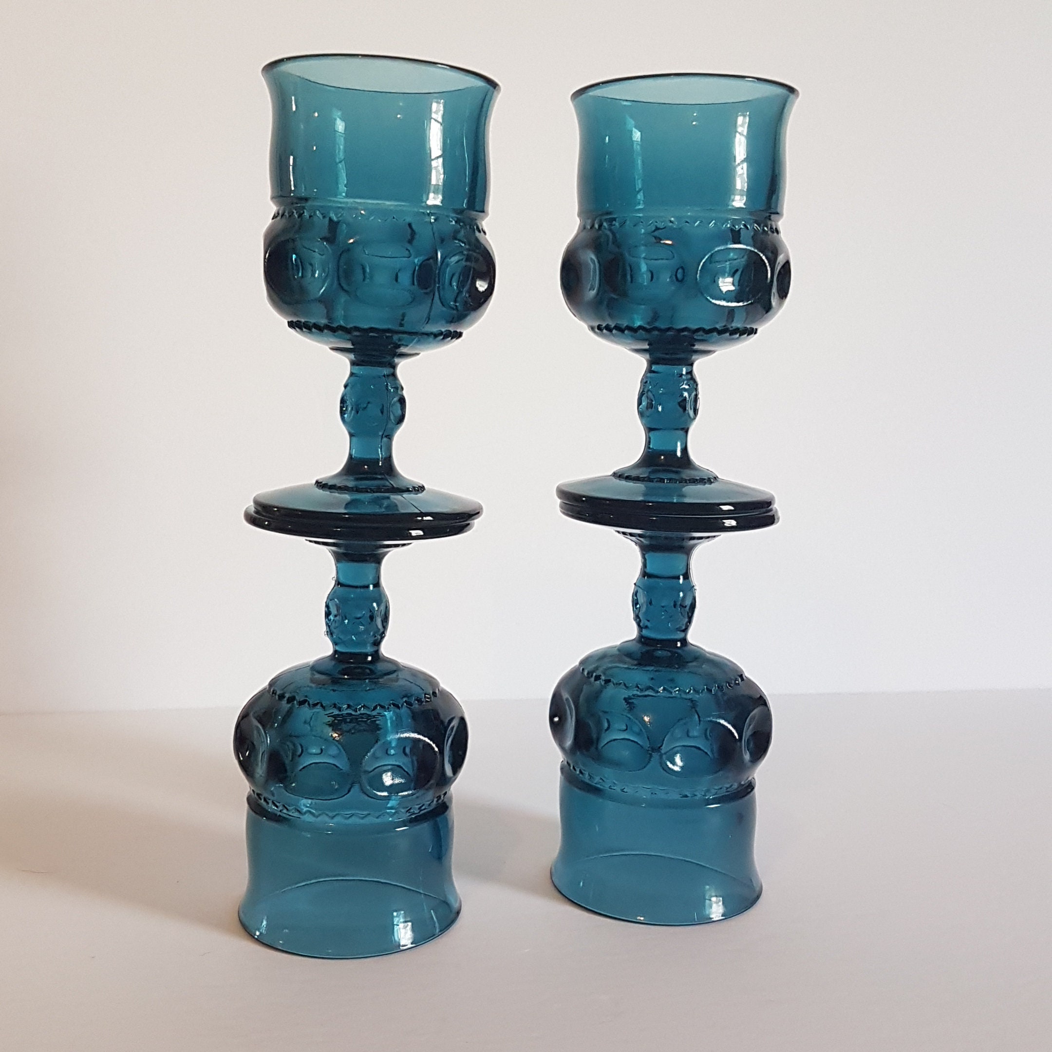 Set of 4 Vintage Indiana Glass Kings Crown, Blue Wine Glass, Blue