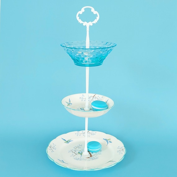 Upcycled Grosvenor Bluebird 3-Tier Cake Stand, Vintage 1920s Small Glass Bowl Centerpiece Tray