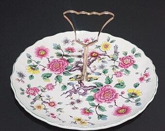 Serving Plate with Center Handle, Vintage James Kent, Old Foley, CHINESE ROSE, Tea Party Dessert Table, Mid Century Gift for Her