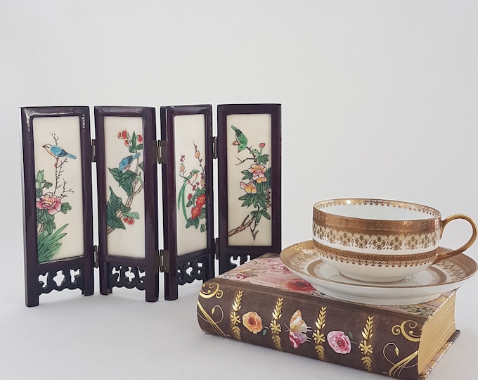 Vintage Chinese Folding Table Top Screen, Birds & Scenery, Tile and Wood, Double Sided Folding Screen, Asian Decor