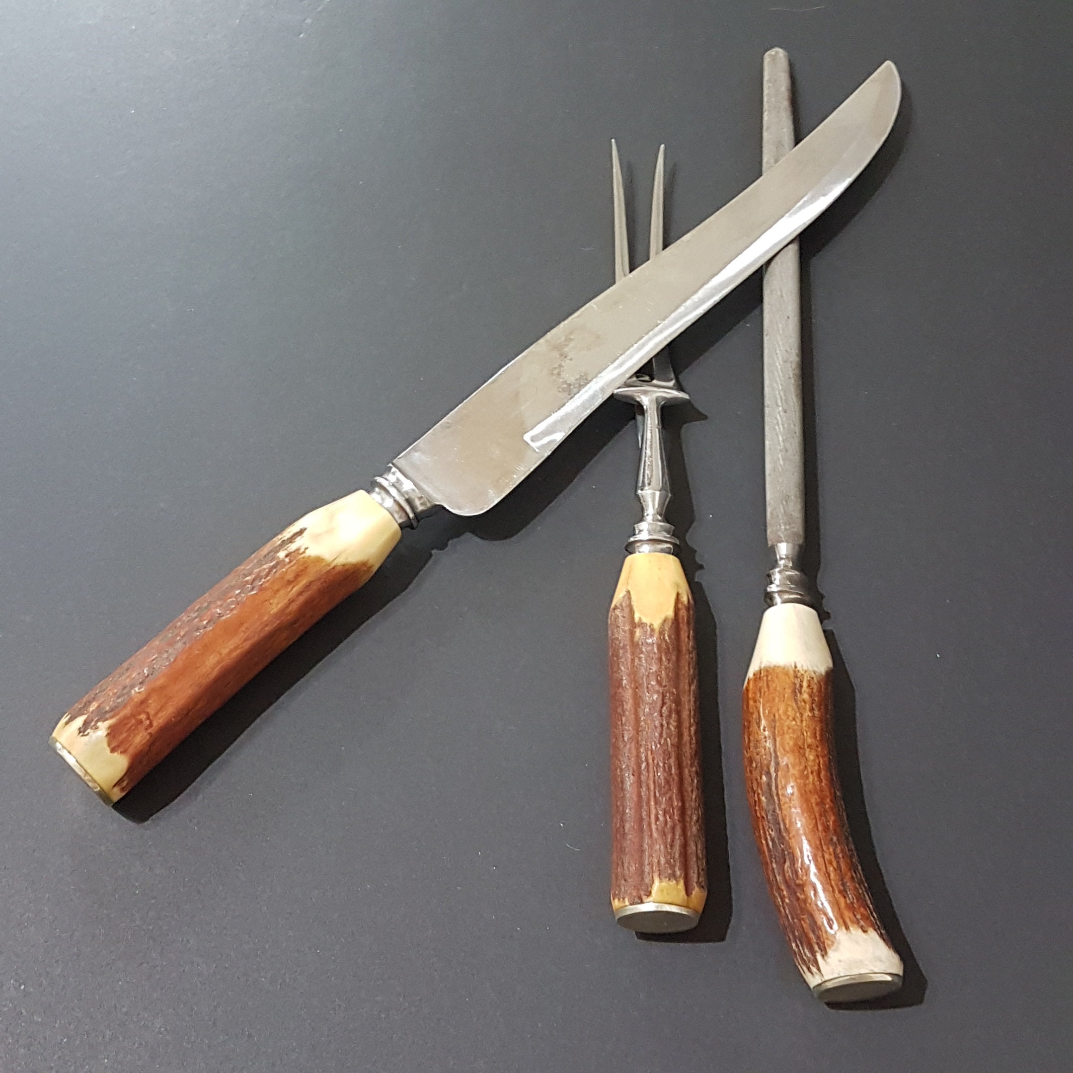 Vintage Sheffield carving knife set horse head handles stainless