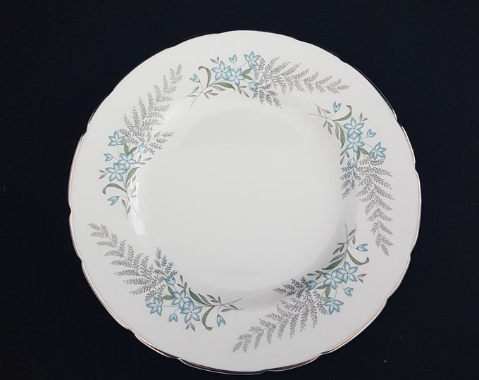 Imperial Fine China England, ROYAL FERN Salad Plates, Set of 4, Gray Ferns, Blue Flowers, Silver Platinum Edge, Made in England