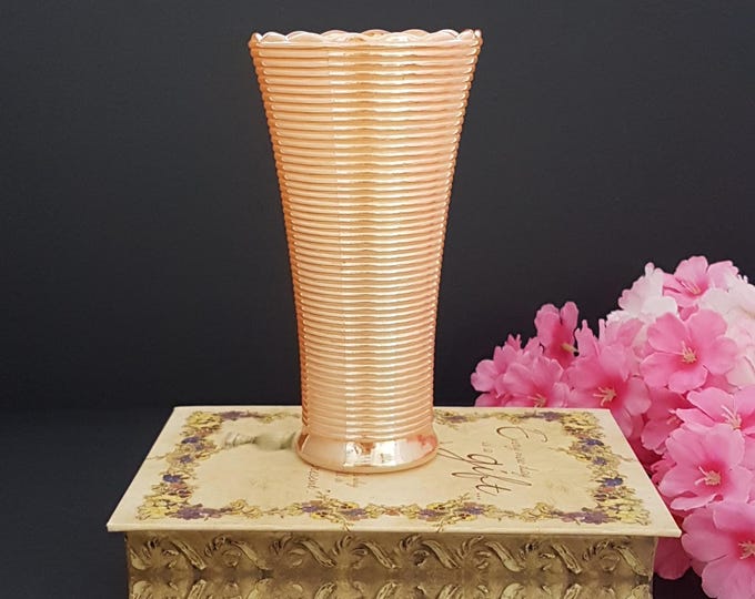 Vintage Fire-King Iridescent Peach Lustre Ribbed Vase: 7-inch Scalloped Edge Anchor Hocking MCM Decor