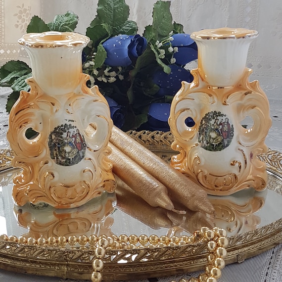 Ornate Victorian Style Weeping Gold Candle Holders, Mid Century Japanese Porcelain Set, Romantic Shabby Chic Mantle Decor
