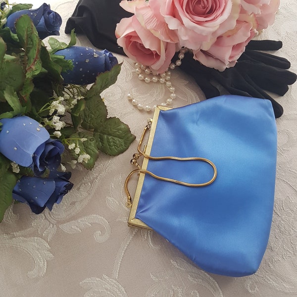 Periwinkle Evening Bag, Vintage Hang From Wrist Purse, Converts to Clutch, Kiss Lock Closure, Hong Kong, 1960s