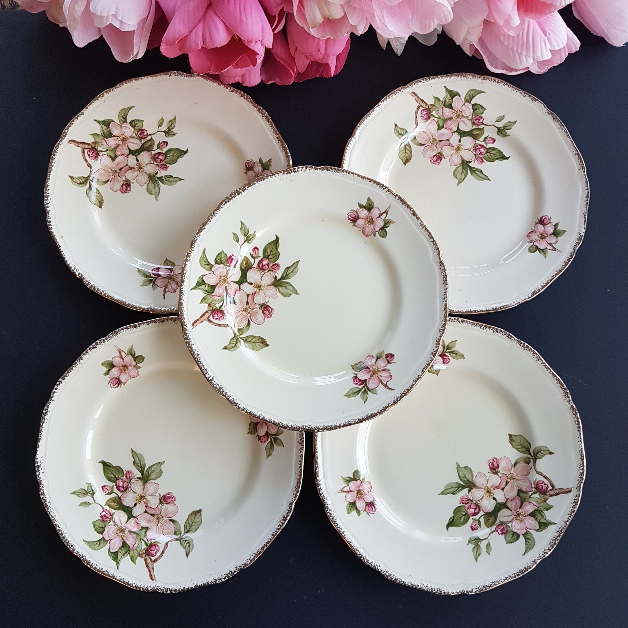 Royal Swan BLOSSOMTIME, 7 Side Plates, Set of 5, Pink Cherry Blossoms