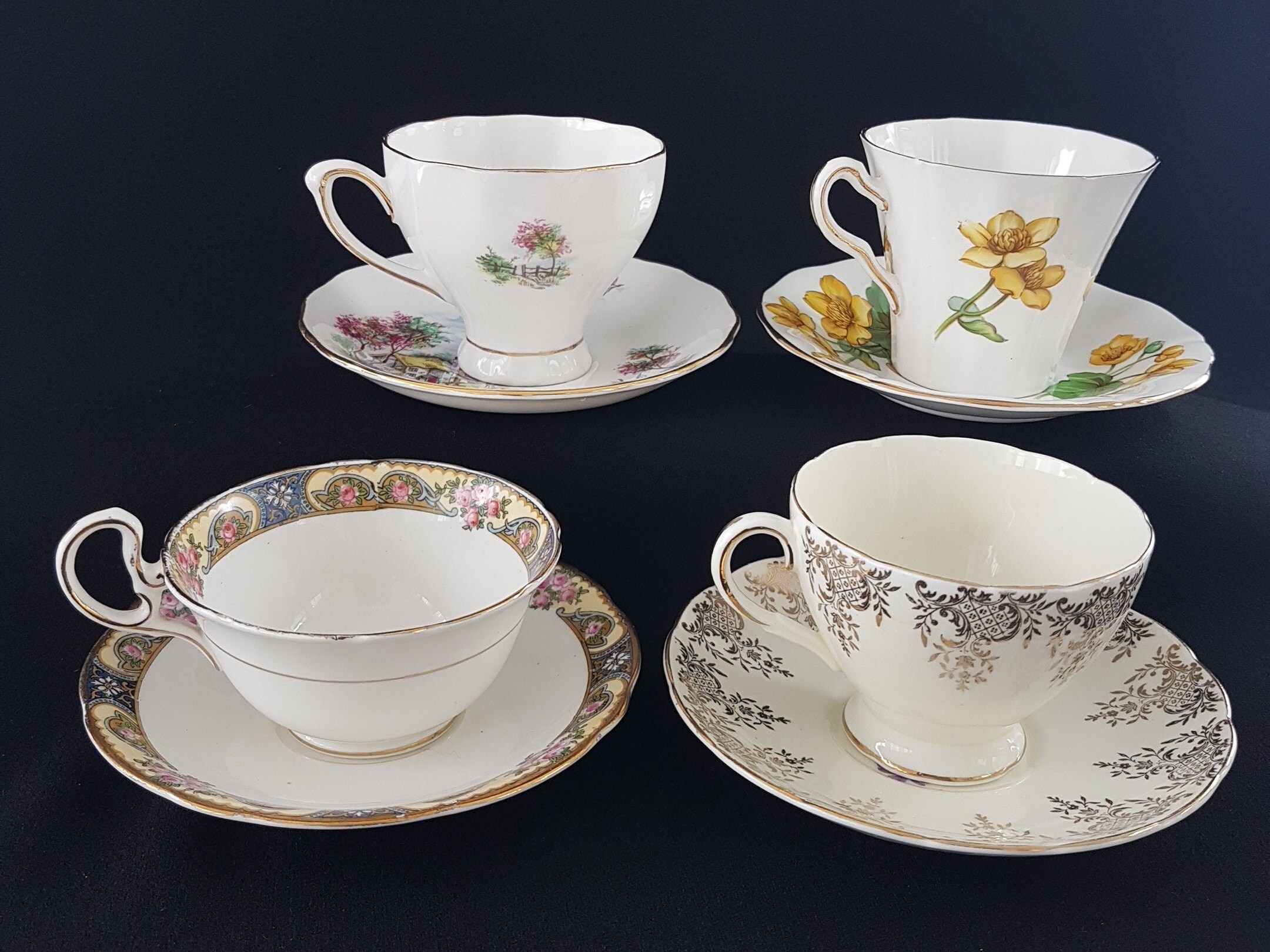 LOT of 4 Mismatched Tea Cups and Saucers, Bulk Vintage English Bone