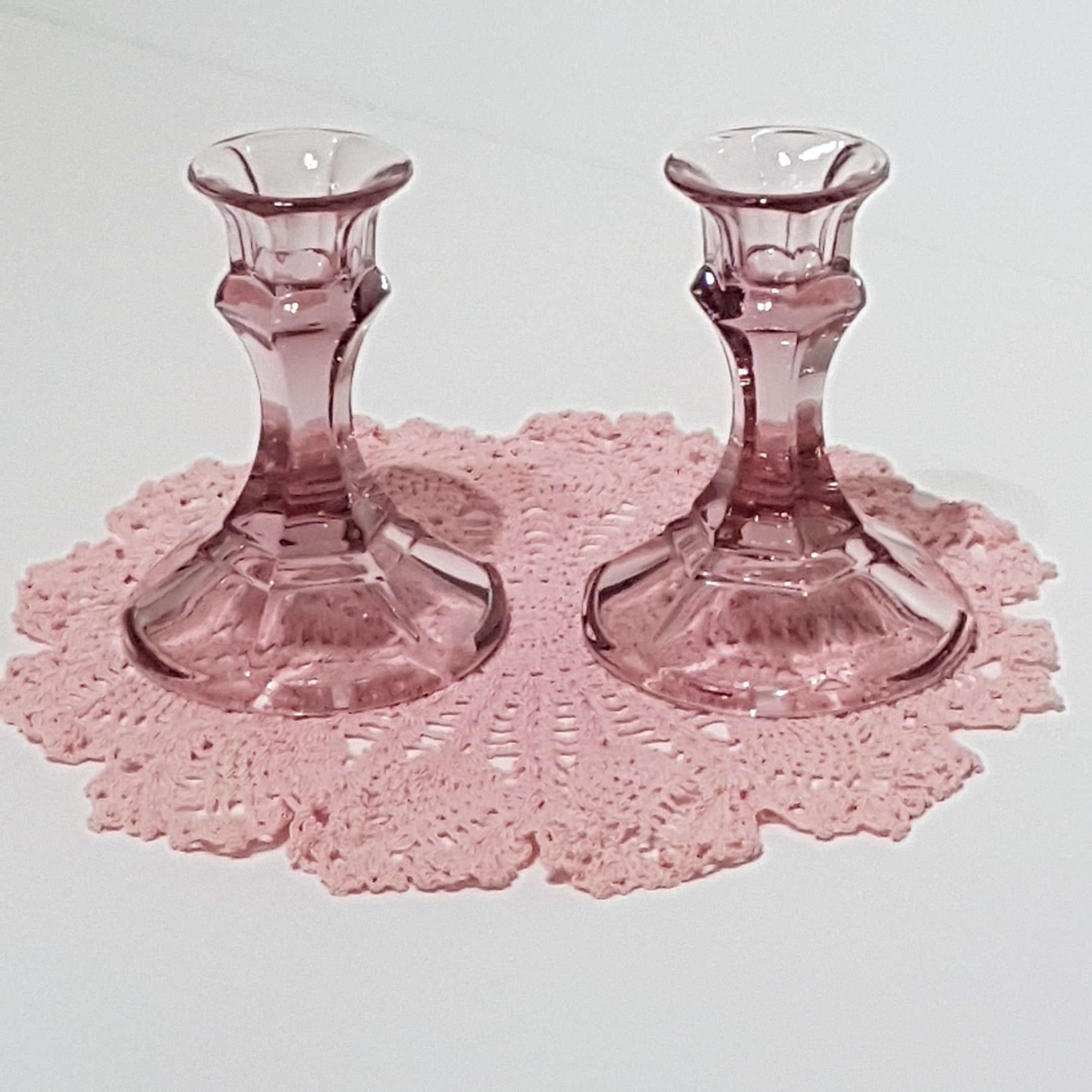 Pair of Vintage Pink Glass Candlestick Holders, Pink Glass Tapered