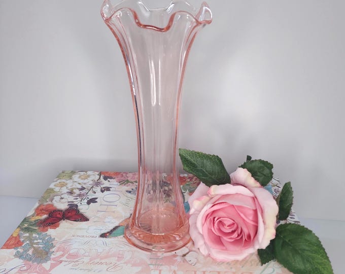 Pink Depression Glass Swung Vase with Ruffled Edge