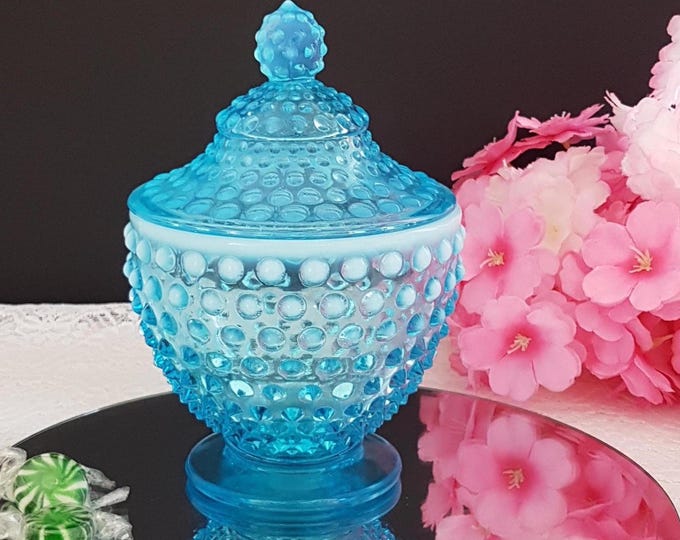 Vintage Fenton Aqua Blue Opalescent Hobnail Candy Dish with Lid - Mid-Century Glass Decor