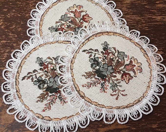 Vintage Tapestry Doilies, Set of 3 Round Mug Rugs, 7 Inch