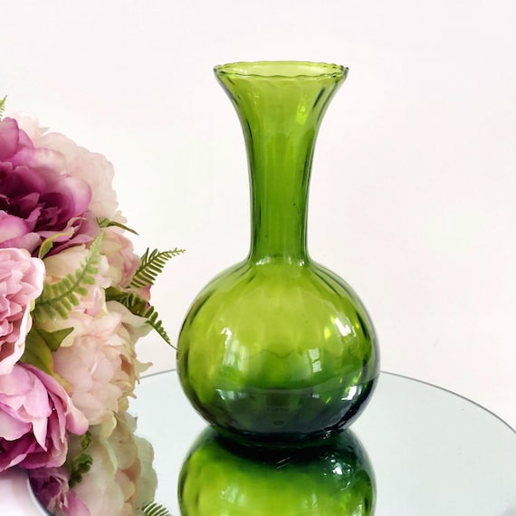Vintage Mid Century Avocado Green Glass Optical Bulbous Bud Vase Fluted Ruffled Rim