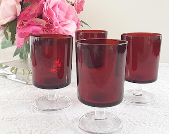 4pc Vintage Luminarc Cavalier Ruby Red Wine Glasses Set - 6oz Retro French Barware