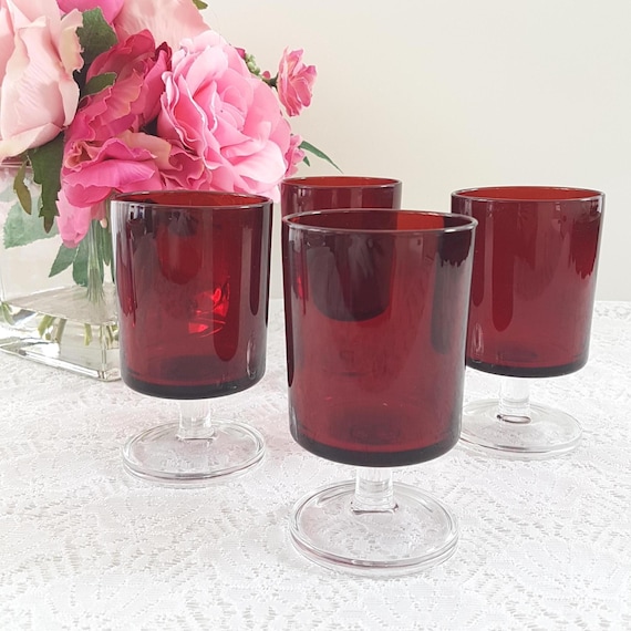 4pc Vintage Luminarc Cavalier Ruby Red Wine Glasses Set - 6oz Retro French Barware