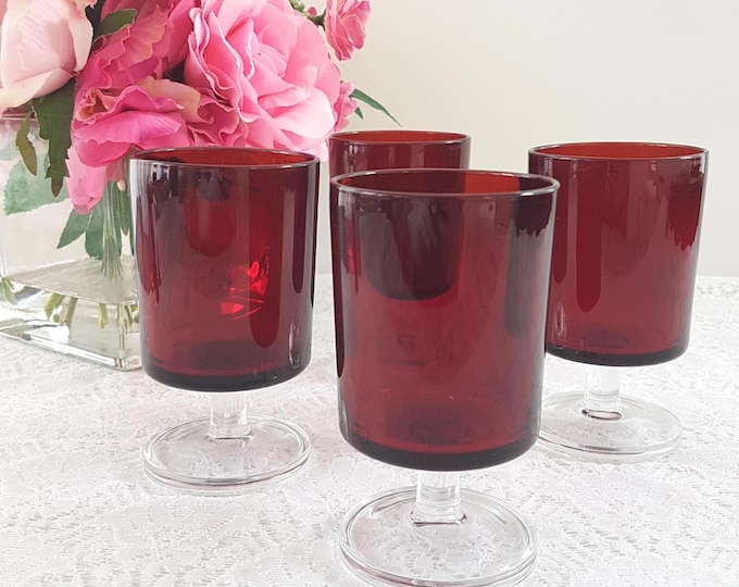 4pc Vintage Luminarc Cavalier Ruby Red Wine Glasses Set - 6oz Retro French Barware