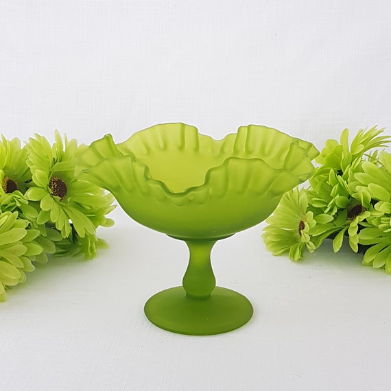 Vintage Westmoreland Lime Green Satin Glass Candy Dish, Ruffled Pedestal Bowl