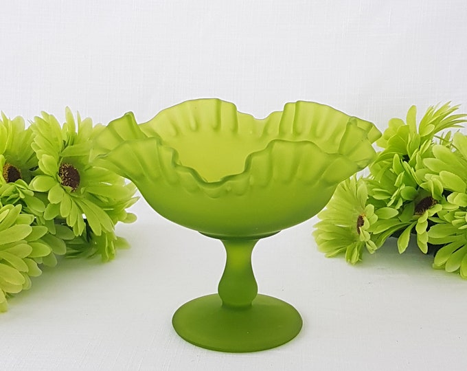 Vintage Westmoreland Lime Green Satin Glass Candy Dish, Ruffled Pedestal Bowl