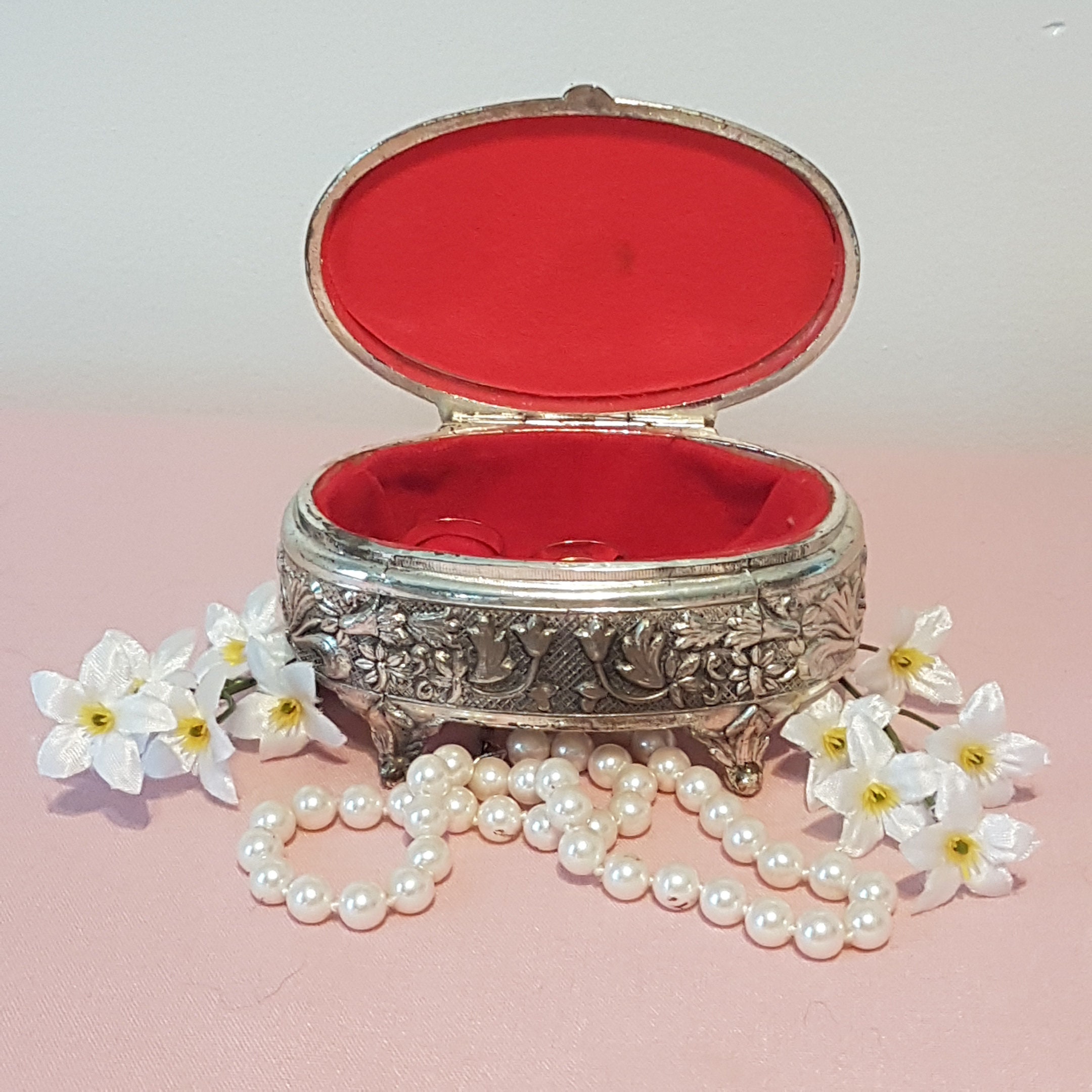 Vintage Oval Porcelain Silver Plate Hinged Jewelry Box, Trinket Box