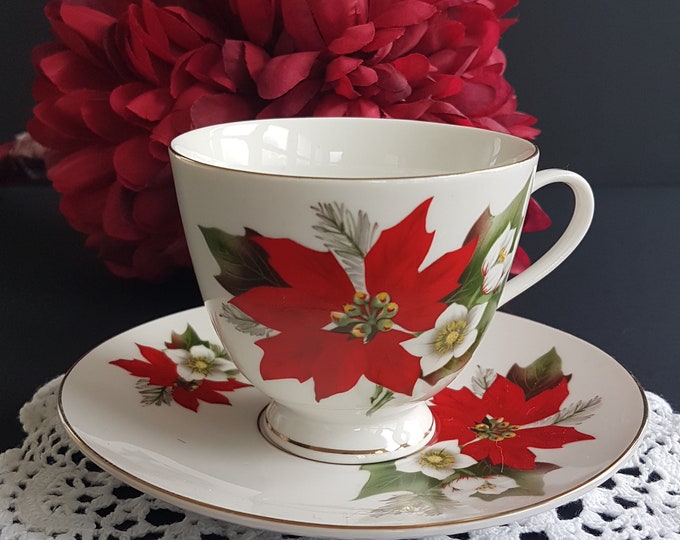 Tea Cup and Saucer, Red Poinsettia, Regent Fine China, Christmas Tea Cup Gift Idea