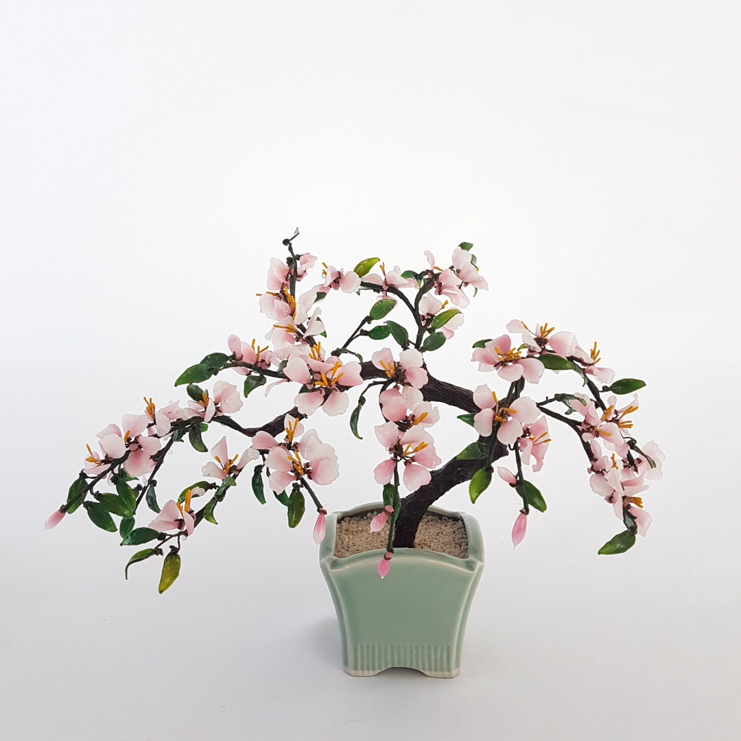 Vintage Glass Bonsai Tree, 14 X 12 Soft Pink Flowering Artificial Plant