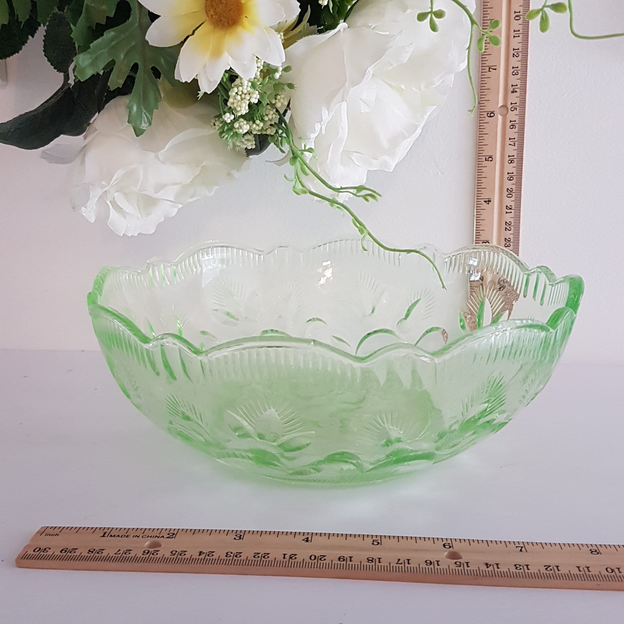 Vintage Uranium Glass Serving Bowl, Thistle Pattern, Fruit Salad Bowl