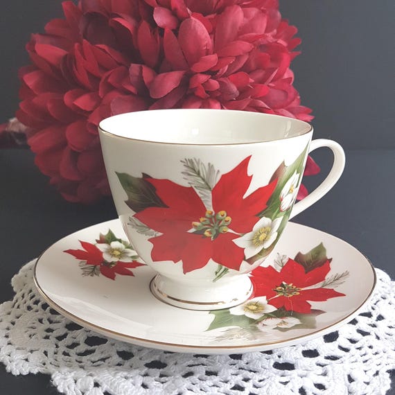 Red Poinsettia English Tea Set: Gold Trim Holiday China