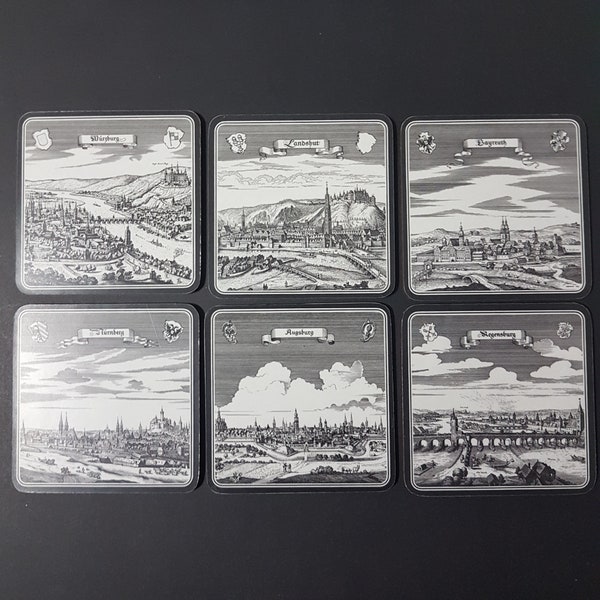 Vintage Cork Coasters, Set of 6 SCHUBERTH Melamin Coasters of Cities in Germany, Made in West Germany