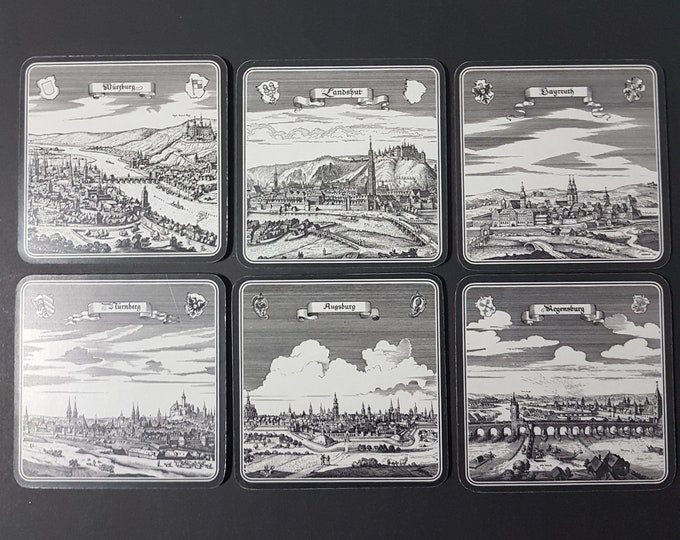 Vintage Cork Coasters, Set of 6 SCHUBERTH Melamin Coasters of Cities in Germany, Made in West Germany