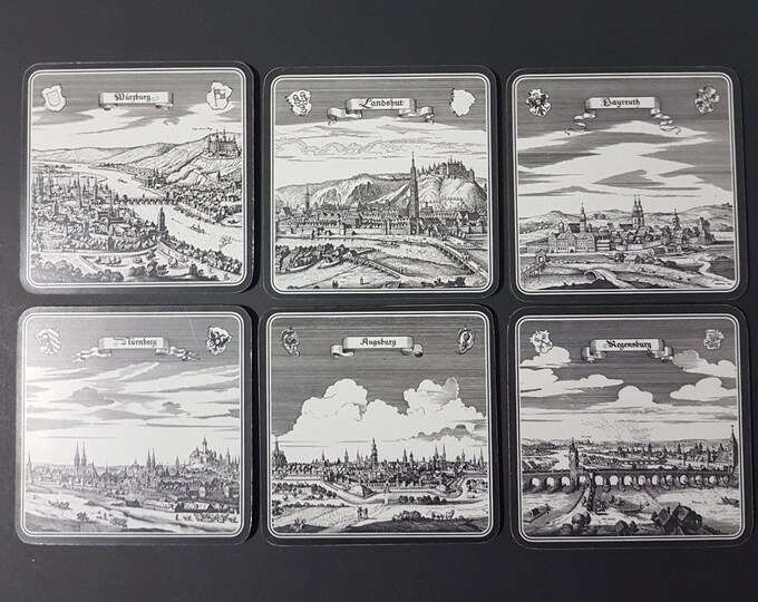 Vintage Cork Coasters, Set of 6 SCHUBERTH Melamin Coasters of Cities in Germany, Made in West Germany