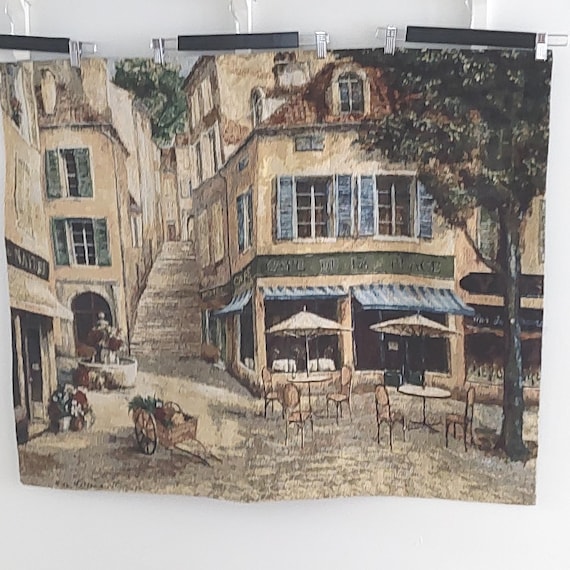 Vintage Cafe De La Place Tapestry Wall Hanging - Nicky Boehme European Bistro Art 42x35