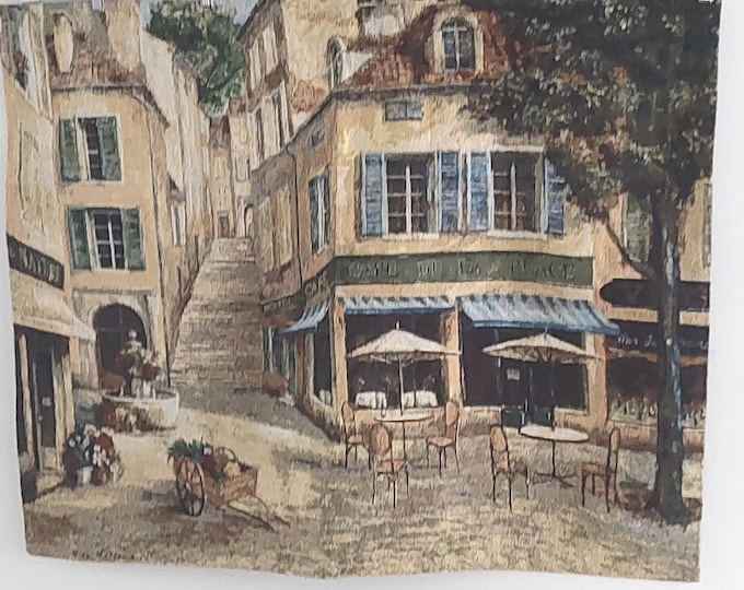 Wall Hanging Tapestry, Cafe Tapestry, Cafe De La Place, 42x35 inch, Horizontal, Rod Sleeve