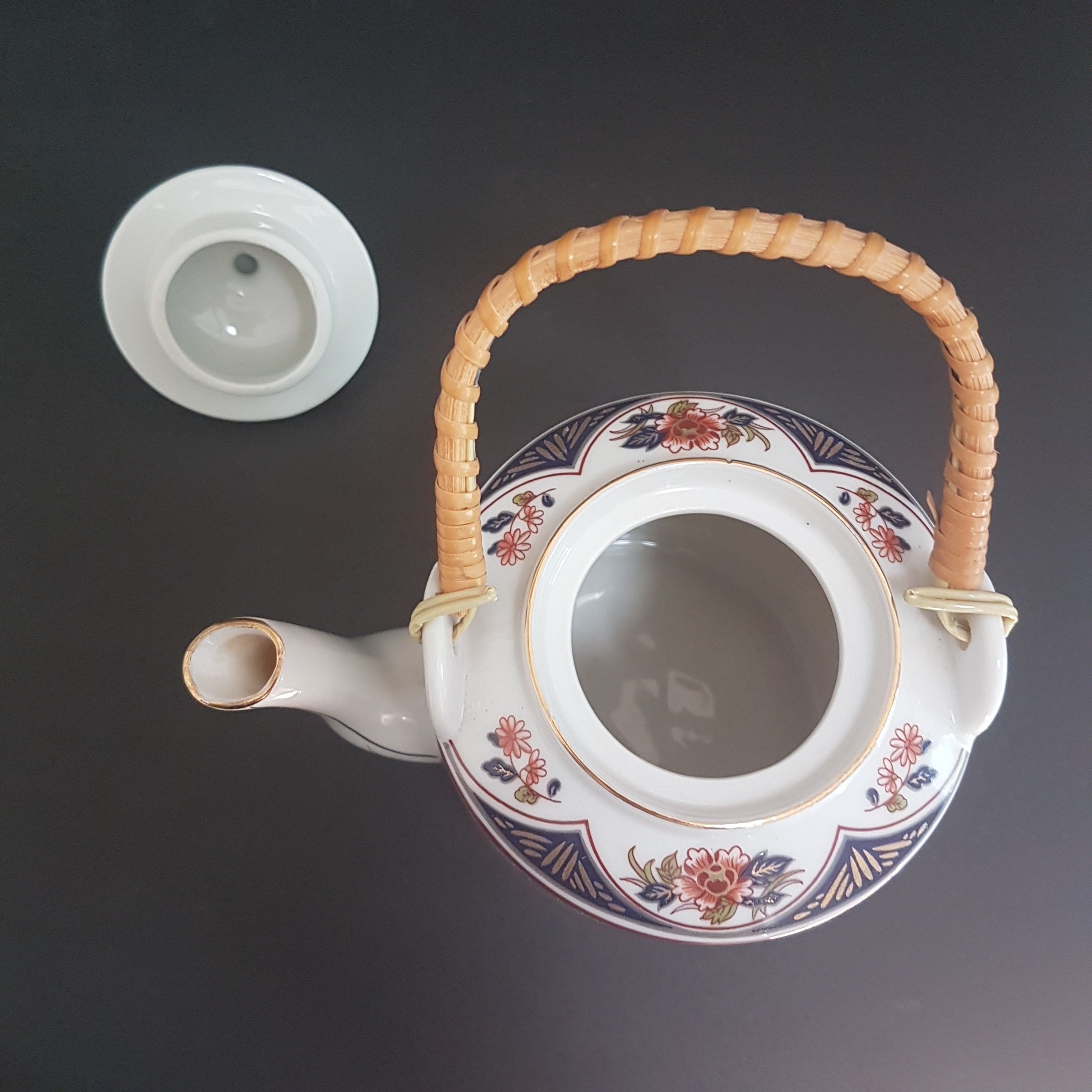 Vintage Imari Japan Teapot, Wicker Handle, Arita Ware, Japanese
