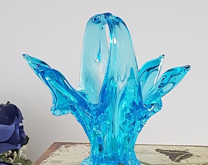 Blown Glass Bomboniere Whimsy Blue Glass Basket, MCM Chalet Art Glass Candy Dish