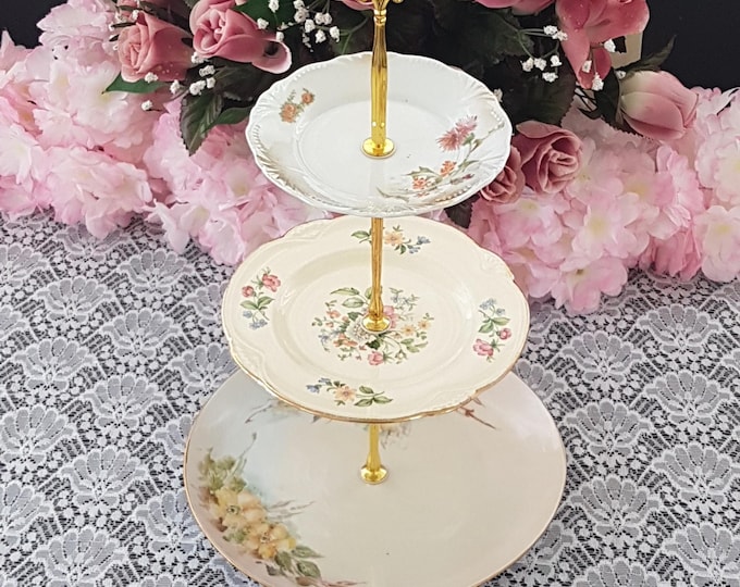 Small Floral 3 Tier Cake Stand, Tiered Dessert or Jewelry Tray, Wedding Decor