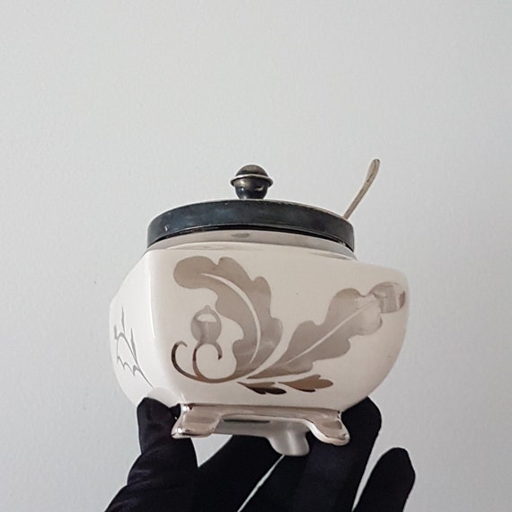 Vintage Sandland Ware Silver Luster Leaf Jam Pot England Marmalade Jar Kitchen Collectible